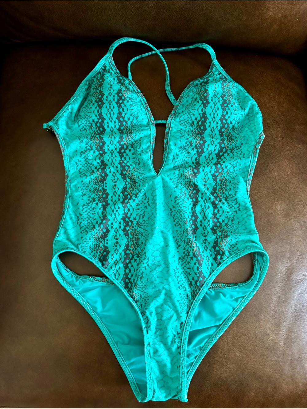 Vix Paula Hermanny Size M Teal Snake-Print Plunge One-Piece Swimsuit